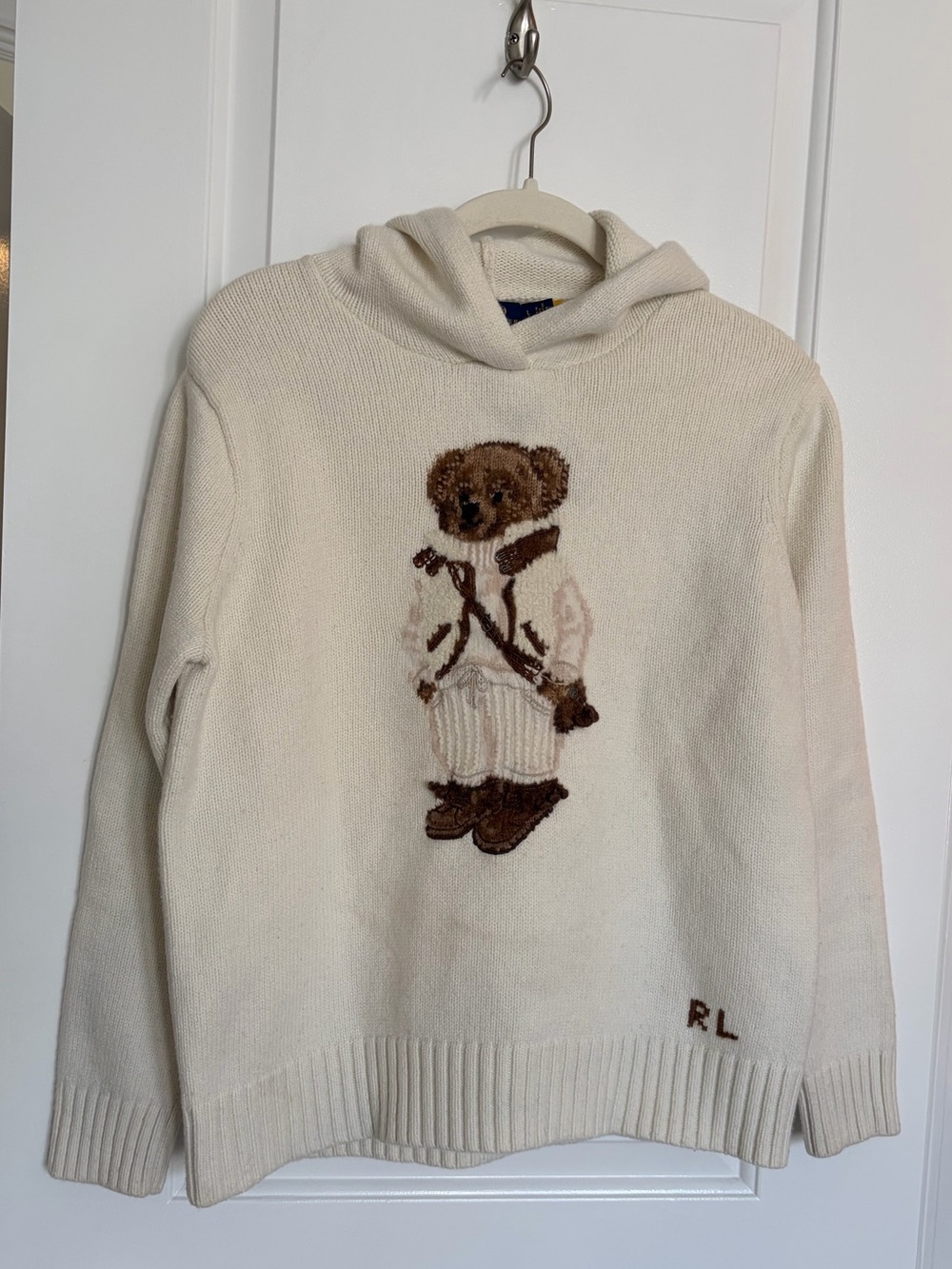 Polo Ralph Lauren Cream Teddy Bear Wool Cotton Knit Hoodie Sweater
